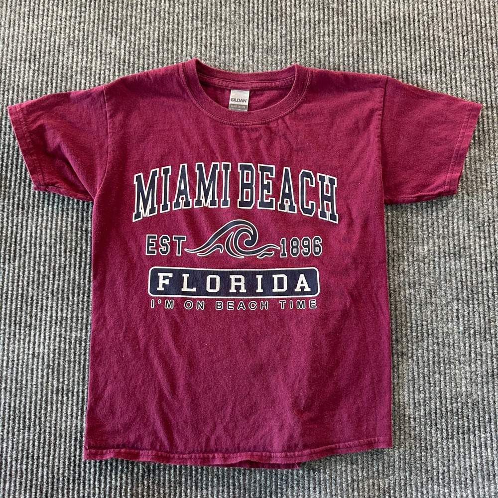 Gildan Miami Beach Florida Wave Graphic T Shirt Youth Small Maroon Souvenir Tee